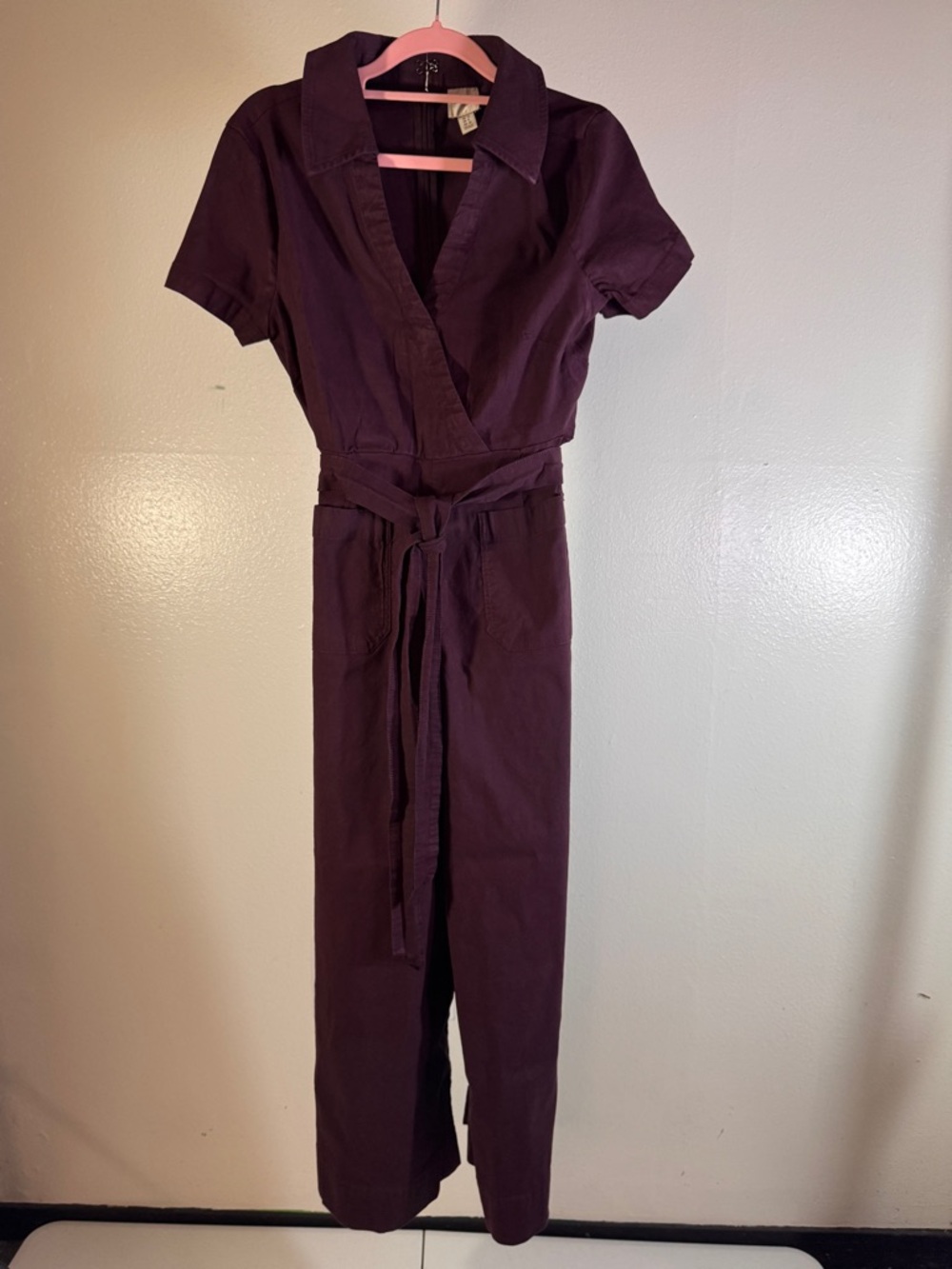 Maeve Anthropologie Plum Linen Blend Wrap Jumpsuit Size 8 Short Sleeve Tie Waist - Picture 4 of 8